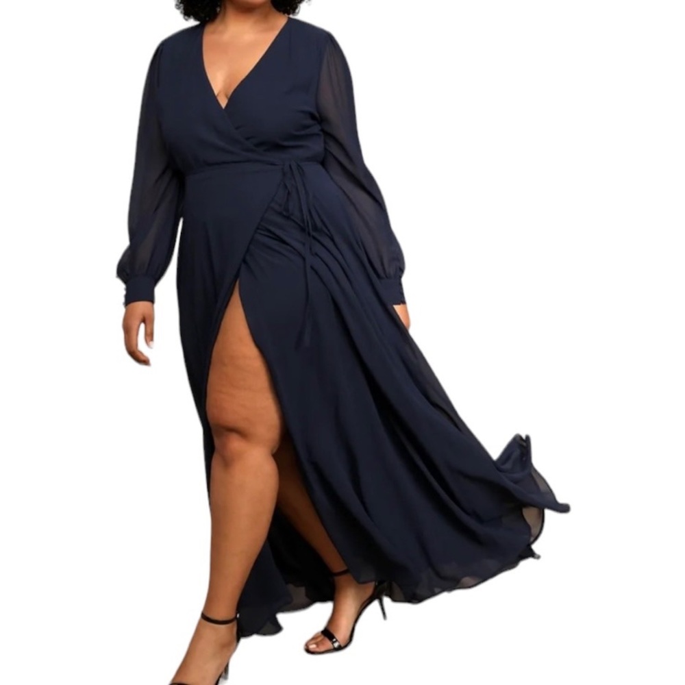 Lulus My Whole Heart Navy Blue Long Sleeve Wrap Maxi Dress
